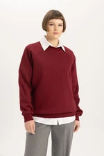 DEFACTO Oversize Fit Wide Mold Crew Neck Thick Basic Plain Casual Claret Red Sweatshirt