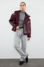 Trendyol Claret Red Regular Fit Plush Detailed Faux Leather Biker Jacket Coat