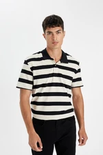 DEFACTO Men's Beige New Regular Fit Regular Cut Polo Collar Black Striped Short Sleeve Polo T-Shirt