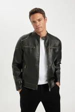 DEFACTO Slim Fit Stand Collar Lined Faux Leather Jacket Coat