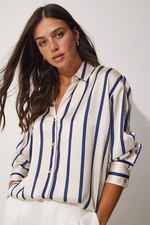 Happiness İstanbul Women's Cream Navy Blue Striped Flowy Satin Shirt