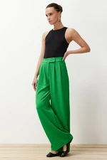 Trendyol Green Hook and Loop Closure High Waist Pleated Wide Leg/Wide Cut Knitted Palazzo Trousers