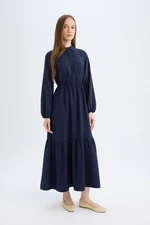 DEFACTO Shirt Collar Basic Plain Button Closure Gathered Waist Long Sleeve Maxi Navy Blue Dress