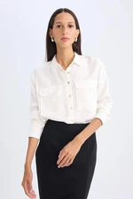 DEFACTO Regular Fit Basic Plain Pocket Textured Long Sleeve White Shirt T6889az24au