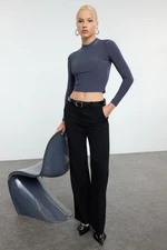 Trendyol Dark Gray Sleeve Gather Detailed Fitted High Collar Crop Stretchy Knitted Blouse