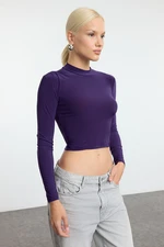 Trendyol Purple Sleeve Gather Detailed Fitted High Collar Crop Stretchy Knitted Blouse