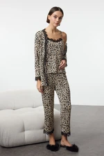 Trendyol Leopard 3-Pack Tie and Lace Detailed Ribbed Knitted Pajama Set