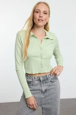 Trendyol Mint Buttoned Fitted Polo Neck Wrap/Textured Crop Knitted Blouse