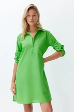 Trendyol Green Belted Midi 100% Cotton Beach Dress with Woven Ribbon Accessory