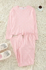 Trendyol Pink 100% Cotton Polka Dot and Heart Patterned Knitted Pajama Set