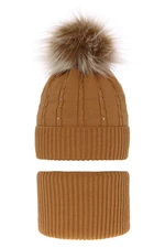 AGBO Girl's winter set: hat and tube scarf camel Lawa with pompom