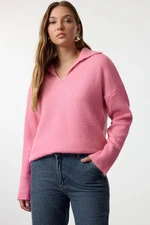 Trendyol Pink Wool Wide Pattern Polo Neck Basic Knitwear Sweater