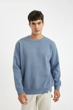 DEFACTO Blue Oversize Wide Pattern Crew Neck Thick Fabric Basic Plain Sweatshirt