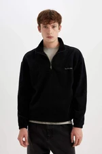 DEFACTO Men's Black Comfort Fit Zippered Stand Collar Printed Fleece Sweatshirt