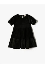 Koton Velvet Lurex Dress Short Balloon Sleeve Tiered Round Neck