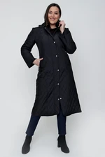 By Saygı Carrying Hooded Fur Inside With Pocket Diamond Patterned Plus Size Coat Black