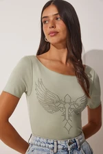 Happiness İstanbul Women's Turquoise Green Knitted Viscose T-Shirt with Embroidered Wings