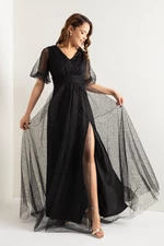 Dámské černé šaty Lafaba s balónovými rukávy a stříbrnými dlouhými večerními šaty