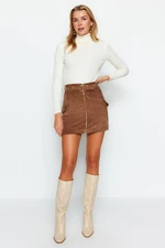 Trendyol Brown Belted Zipper Pocket Detail Velvet Mini Woven Skirt