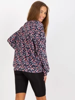 RUE PARIS Dark blue velour blouse with V-neck