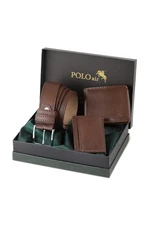 Polo Air Boxed Brown Classic Men's Wallet, Belt and Card Holder Set