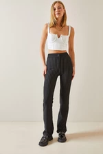 XHAN Black High Waist Striped Flared Leg Pants