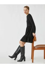 Koton Crew Neck Flounce Long Sleeve Mini Dress