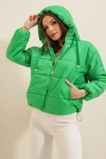 By Saygı Green Elastic Waist Inflatable Coat With Pocket, Hooded Hooded Lined.