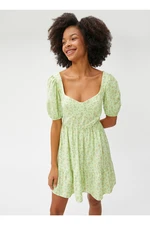 Koton Heart Collar Patterned Green Short Women's Dress 3sal80017ıw