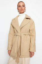 Trendyol Beige Oversize Wide-Cut Belted Boucle Coat