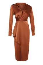 Trendyol Brown Wrapped Woven Satin Elegant Evening Dress