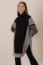 By Saygı Turtleneck Striped Acrylic Dress with slits in the sides Black and white