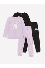 LC Waikiki Crew Neck Printed Long Sleeve Girls Kids Pajamas Set 2-Pack