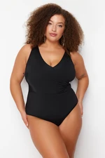 Trendyol Curve Plus Size Covered Covered Sleeveless Double Breasted Neck Black Double Breasted Covered Covered Swimsuit With a Smoothing Effect