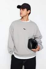 Trendyol Grey Oversize/Wide Cut Fleece Inside/Warm Dinosaur Embroidery Sweatshirt