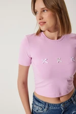 Happiness İstanbul Women's Pink Bow Detailed Crop T-Shirt