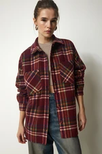 Happiness İstanbul Women's Burgundy Patterned Oversize Cachet Lumberjack Shirt