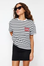 Trendyol Navy Blue Striped Slogan Embroidery Detail Relaxed Knitted T-Shirt