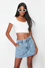 Trendyol Blue More Sustainable Pocket Detailed High Waist Denim Shorts Skirt