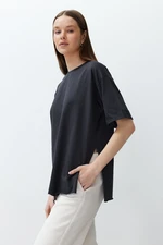 Trendyol Anthracite 100% Cotton Double Sleeve Asymmetric Boyfriend Knitted T-Shirt