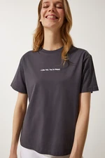 Happiness İstanbul Women's Anthracite Printed Basic Knitted T-Shirt