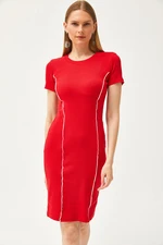 Olalook Women's Red Stripe Detailed Lycra Mini Cotton Dress