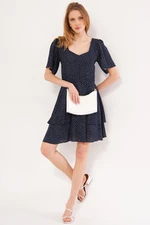 armonika Women's Navy Blue Minus Dress Short Sleeve Skirt Layered Zippered Patterned Mini Size