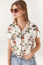 Olalook Women's Ecru Floral Bat Viscose Shirt