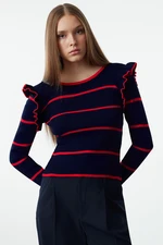 Trendyol Navy Blue Shoulder Flounce Striped Knitwear Sweater