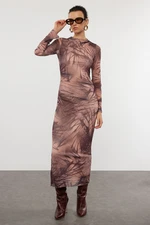 Trendyol Beige Abstract Bodycone Gathering / Drape Maxi Knitted Dress