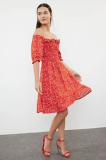 Trendyol Red Flower Patterned Skirt Opening at the Waist Madonna Collar Viscose Woven Dress