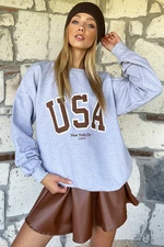 Trend Alaçatı Stili Women's Grey-Brown Crew Neck Raised Printed Oversize Sweatshirt