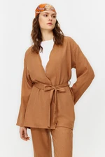 Trendyol Camel Belted Linen Look Kimono Trousers Woven Top and Bottom Set