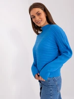 Blue women's sweater with asymmetrical turtleneck